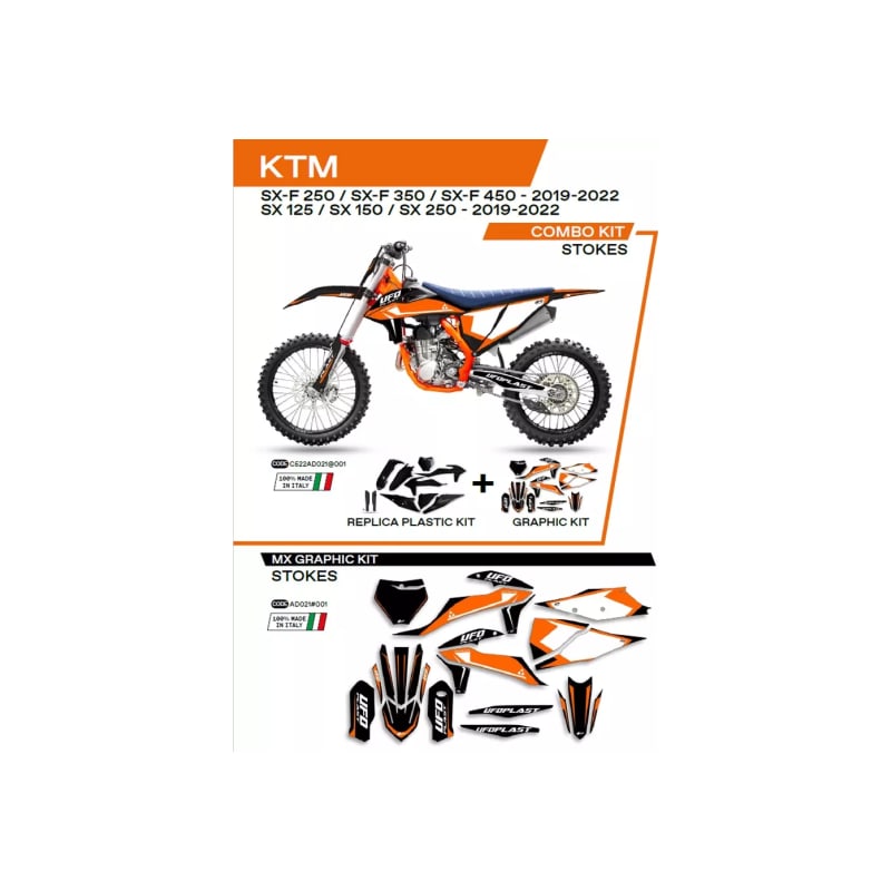 Komplet plastików i oklein UFO Stokes + tablica przód i osłony amortyzatorów KTM SX SXF 125 150 250 350 450 19-22 czarny