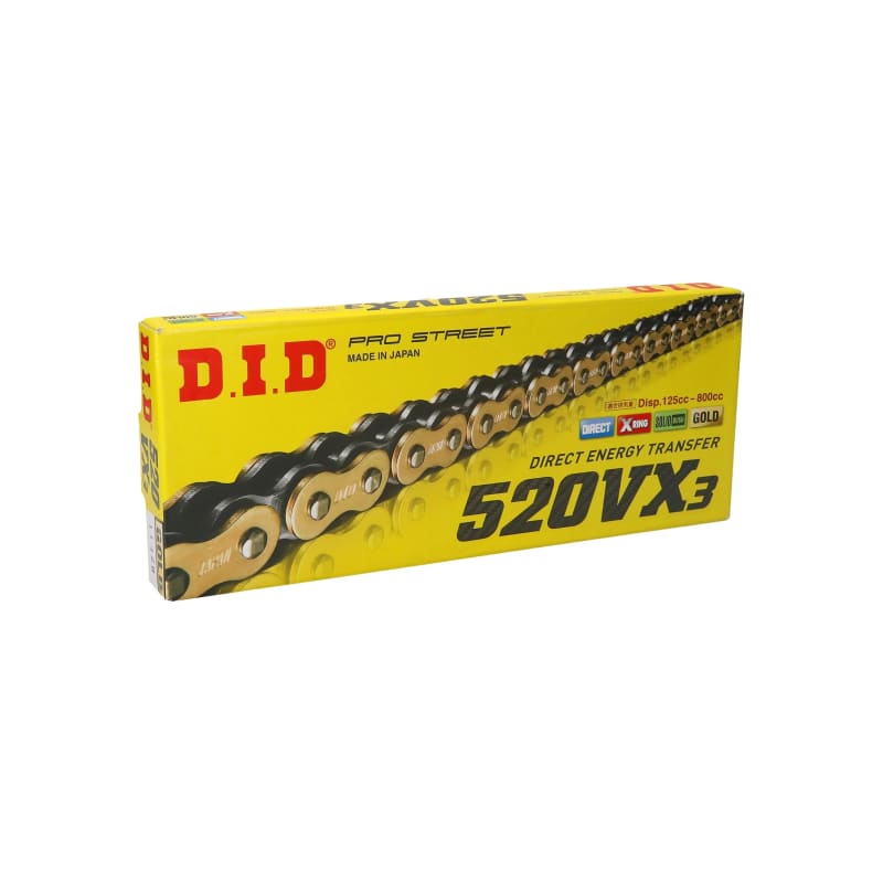 Łańcuch napędowy DID 520 VX3 100 X-Ring G&B otwarty z zakuwką złoty