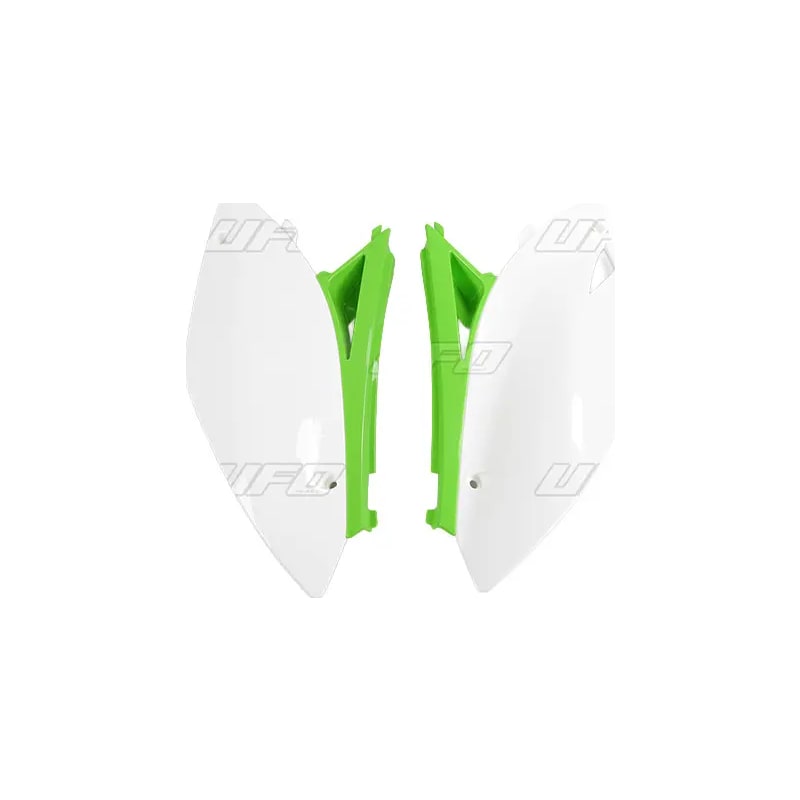 Komplet plastikowych osłon bocznych tylnych UFO Kawasaki KXF 450 09-11 OEM (białe zielone)