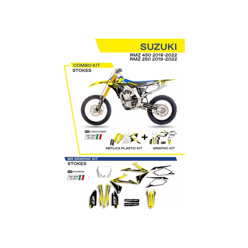 Komplet plastików i oklein UFO Stokes + tablica przód i osłony amortyzatorów Suzuki RMZ 250 19-22 RMZ 450 18-22 biały żółty czarny OEM