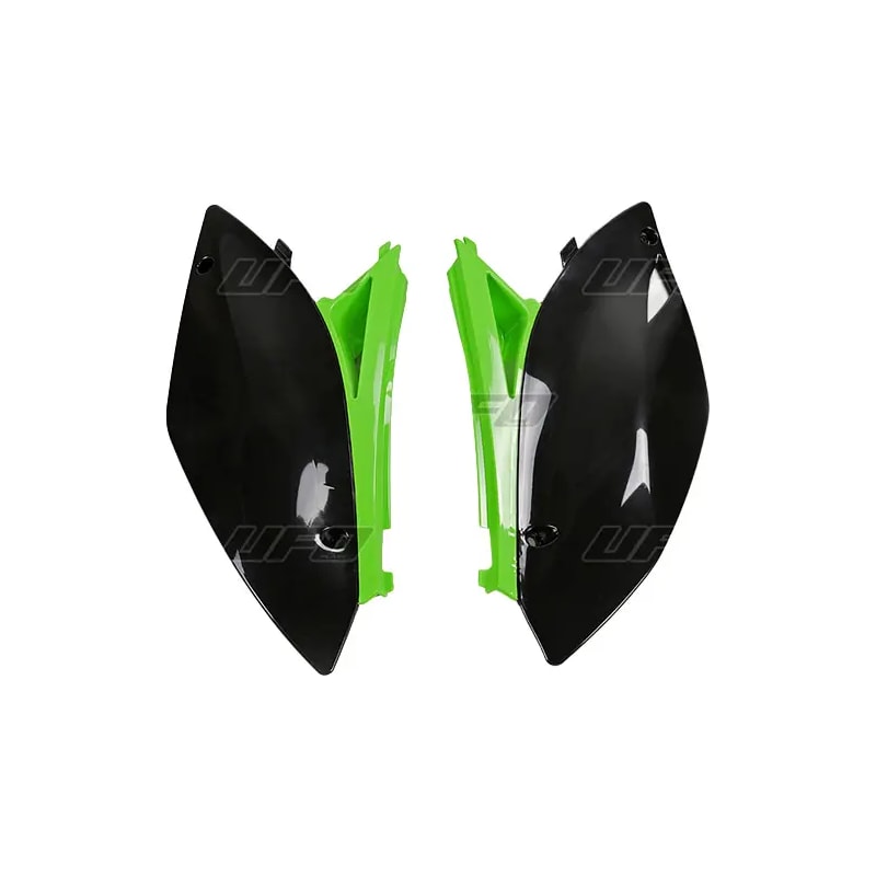 Komplet plastikowych osłon bocznych tylnych UFO Kawasaki KXF 250 09-12 OEM (czarne zielone)