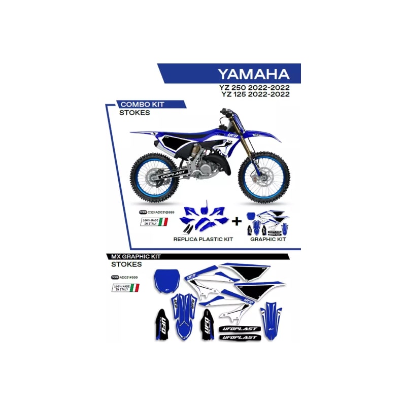 Komplet plastików i oklein UFO Stokes + tablica przód i osłony amortyzatorów Yamaha YZ 125 250 22 niebieski czarny biały OEM