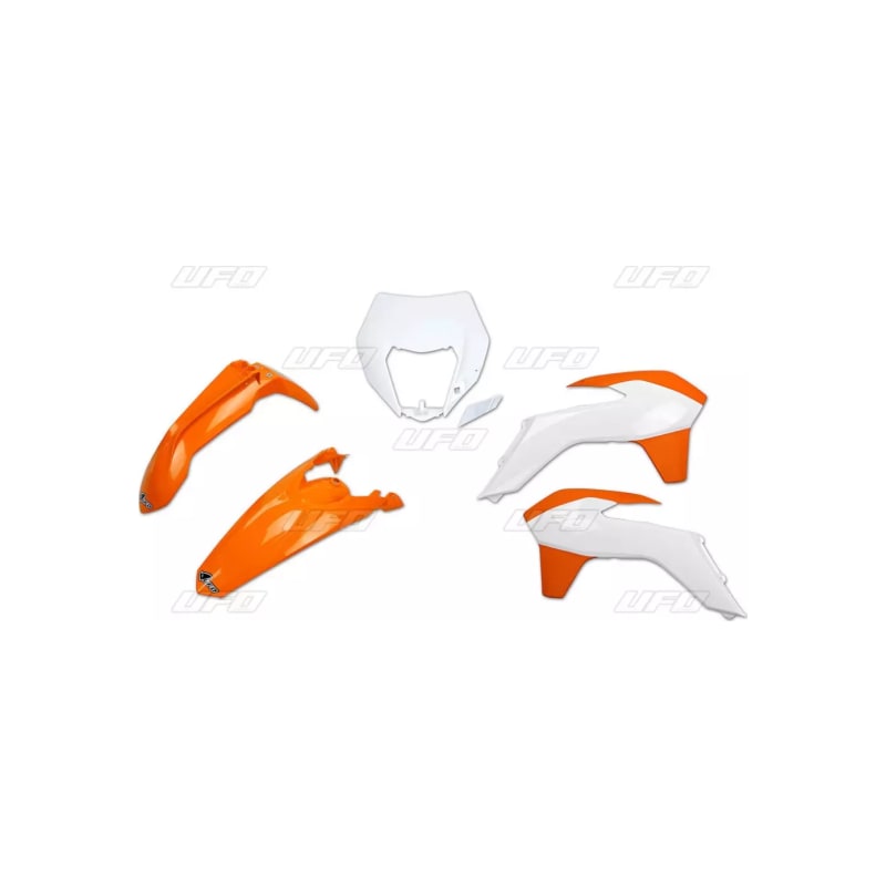 Komplet plastików z osłoną lampy UFO KTM EXC 14-16 pomarańczowy biały OEM