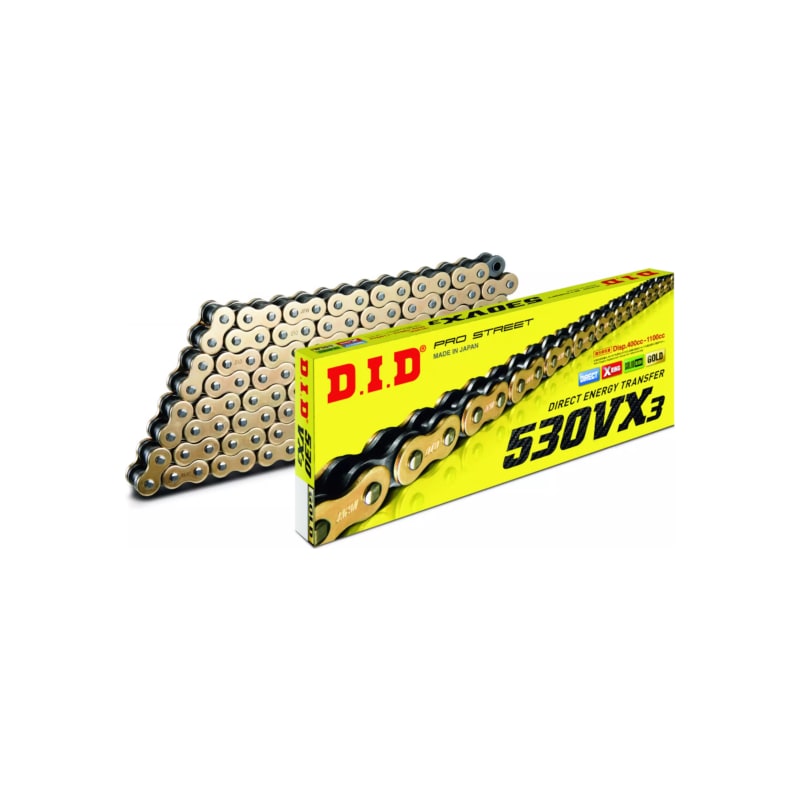 Łańcuch napędowy DID 530 VX3 104 X-Ring G&B otwarty z zakuwką złoty