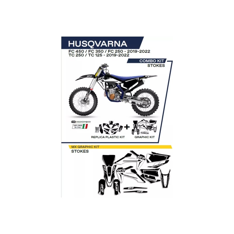 Komplet plastików i oklein UFO Stokes + tablica przód i osłony amortyzatorów Husqvarna TC 125 250 19-22 FC 250 350 450 19-22 czarny